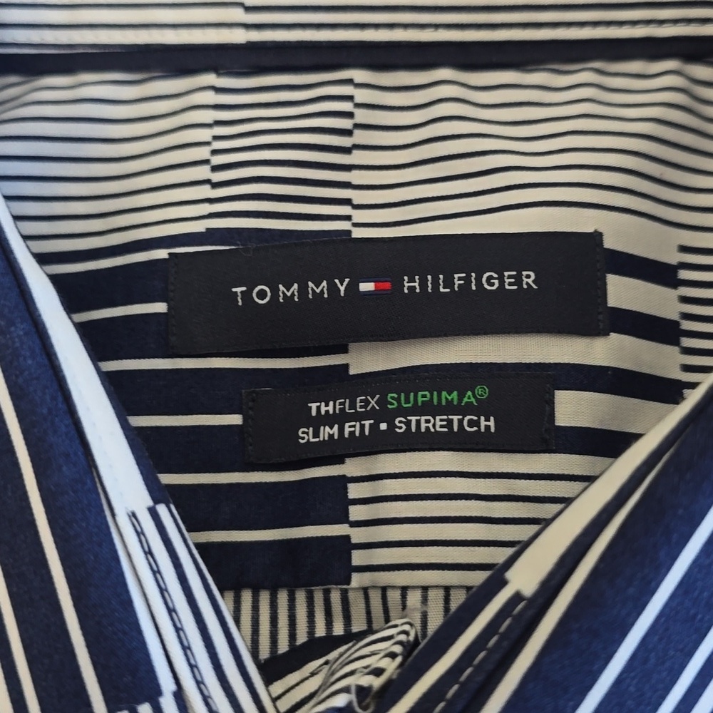 Tommy Hilfiger Men's Blue Block Stripes Long Sleeve Shirt Supima Cotton SZ Large - Picture 11 of 12